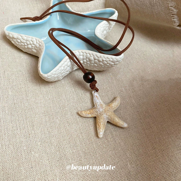 Wholesale Leather Starfish Wooden Bead Animal Zodiac Pendant Handmade Necklace For Women