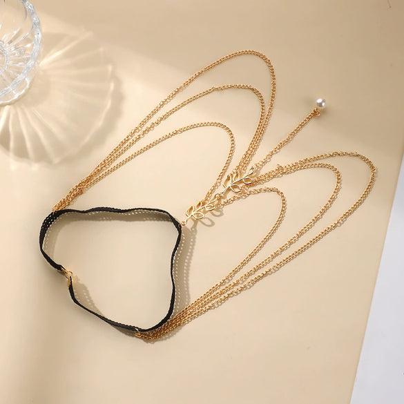 Wholesale Leg Chain Alloy Animal Zodiac Retro Exaggerated Elastic Rope Multilayer Lace Leaf Pearl Gold For Women