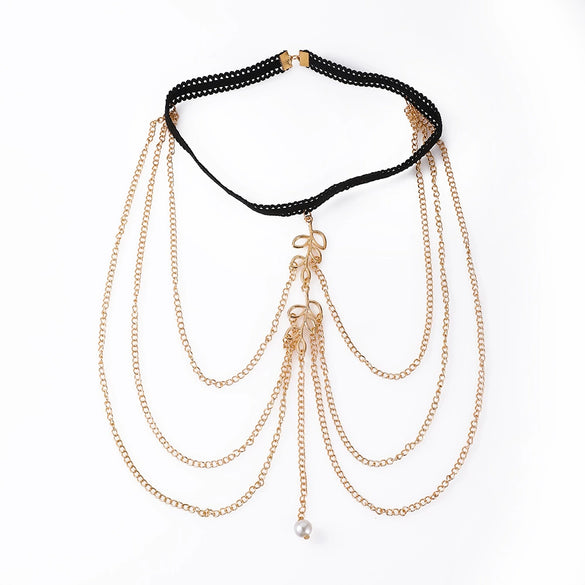 Wholesale Leg Chain Alloy Animal Zodiac Retro Exaggerated Elastic Rope Multilayer Lace Leaf Pearl Gold For Women