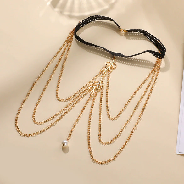 Wholesale Leg Chain Alloy Animal Zodiac Retro Exaggerated Elastic Rope Multilayer Lace Leaf Pearl Gold For Women