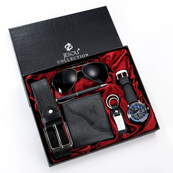 Wholesale Leisure Style Alloy And Imitation Leather Products Set With Round Dial Quartz Watch Glasses Belt Wallet Keychain Pen