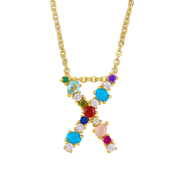 Wholesale Letter Necklace Set With Colorful Zircon And Diamonds Copper 18K Gold Plated Inlaid Zircon Ochain Pendant Necklace