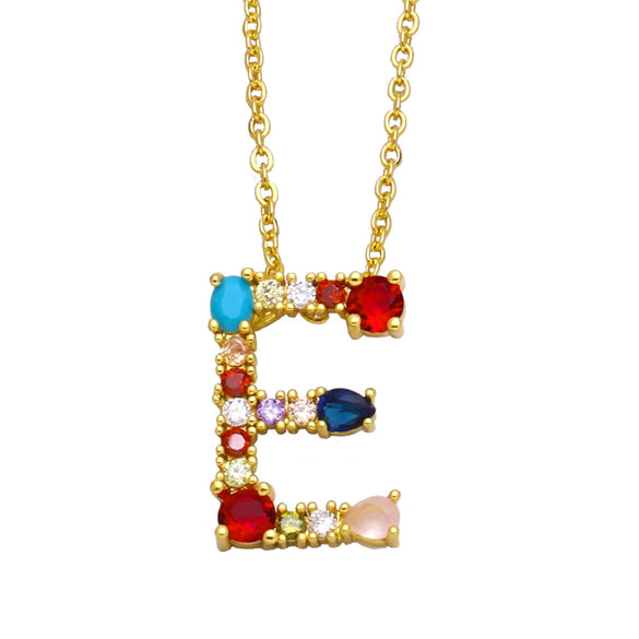 Wholesale Letter Necklace Set With Colorful Zircon And Diamonds Copper 18K Gold Plated Inlaid Zircon Ochain Pendant Necklace