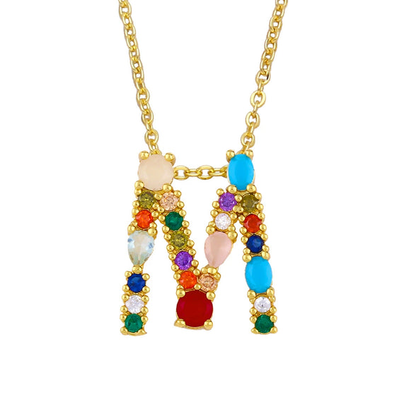 Wholesale Letter Necklace Set With Colorful Zircon And Diamonds Copper 18K Gold Plated Inlaid Zircon Ochain Pendant Necklace