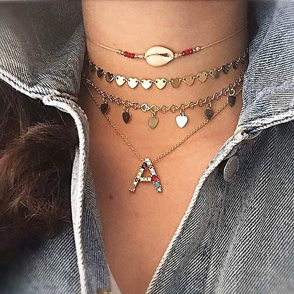 Wholesale Letter Necklace Set With Colorful Zircon And Diamonds Copper 18K Gold Plated Inlaid Zircon Ochain Pendant Necklace