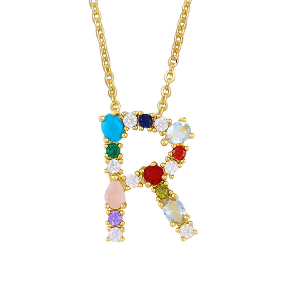 Wholesale Letter Necklace Set With Colorful Zircon And Diamonds Copper 18K Gold Plated Inlaid Zircon Ochain Pendant Necklace