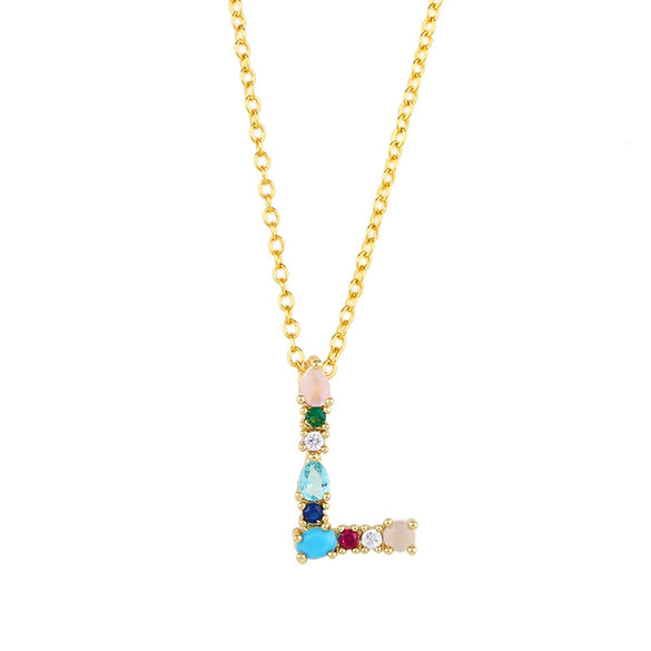 Wholesale Letter Necklace Set With Colorful Zircon And Diamonds Copper 18K Gold Plated Inlaid Zircon Ochain Pendant Necklace