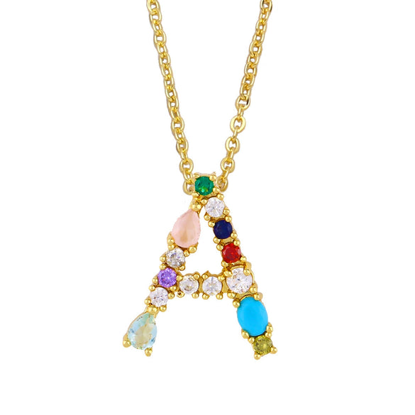 Wholesale Letter Necklace Set With Colorful Zircon And Diamonds Copper 18K Gold Plated Inlaid Zircon Ochain Pendant Necklace