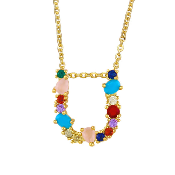 Wholesale Letter Necklace Set With Colorful Zircon And Diamonds Copper 18K Gold Plated Inlaid Zircon Ochain Pendant Necklace