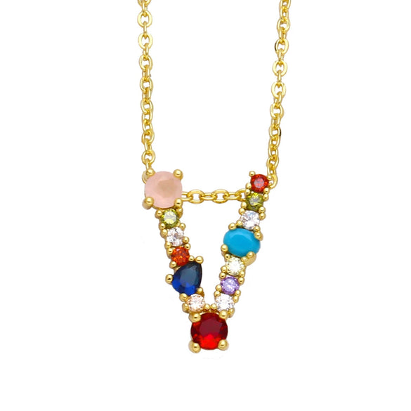 Wholesale Letter Necklace Set With Colorful Zircon And Diamonds Copper 18K Gold Plated Inlaid Zircon Ochain Pendant Necklace