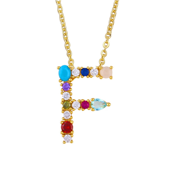 Wholesale Letter Necklace Set With Colorful Zircon And Diamonds Copper 18K Gold Plated Inlaid Zircon Ochain Pendant Necklace