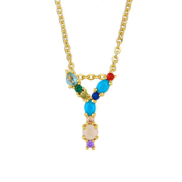 Wholesale Letter Necklace Set With Colorful Zircon And Diamonds Copper 18K Gold Plated Inlaid Zircon Ochain Pendant Necklace