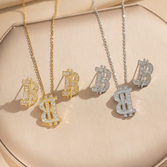 Wholesale Letter Pattern Zircon Inlaid Environmentally Friendly Copper Earrings And Necklaces Set For Women