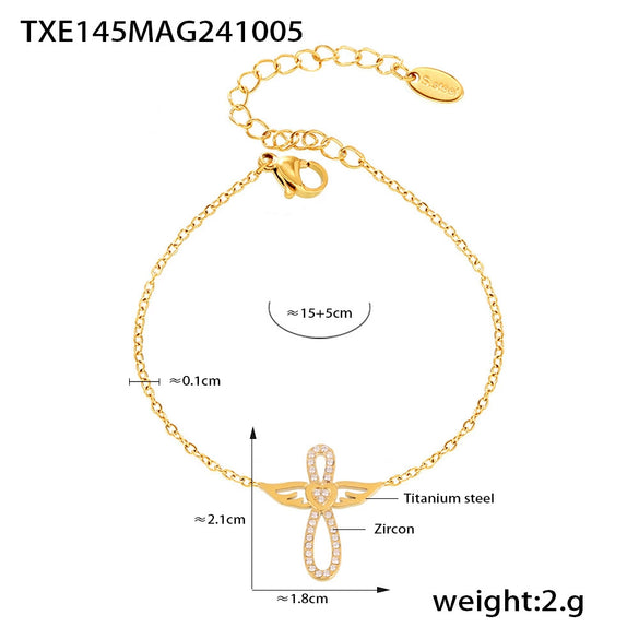 Wholesale Light Luxurious Angel Wings Zircon Titanium Steel Gold Plated Double Layer Necklace And Bracelet Set