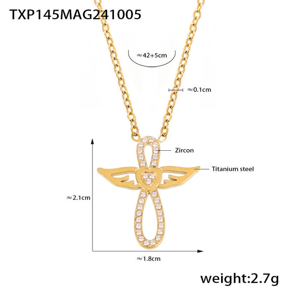 Wholesale Light Luxurious Angel Wings Zircon Titanium Steel Gold Plated Double Layer Necklace And Bracelet Set