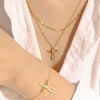 Wholesale Light Luxurious Angel Wings Zircon Titanium Steel Gold Plated Double Layer Necklace And Bracelet Set