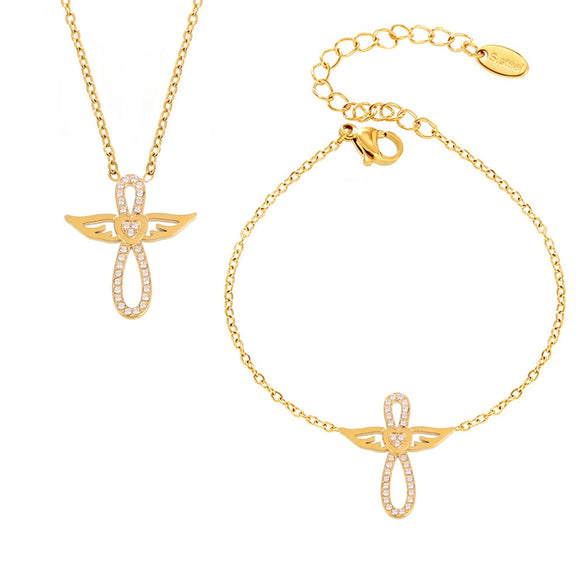 Wholesale Light Luxurious Angel Wings Zircon Titanium Steel Gold Plated Double Layer Necklace And Bracelet Set