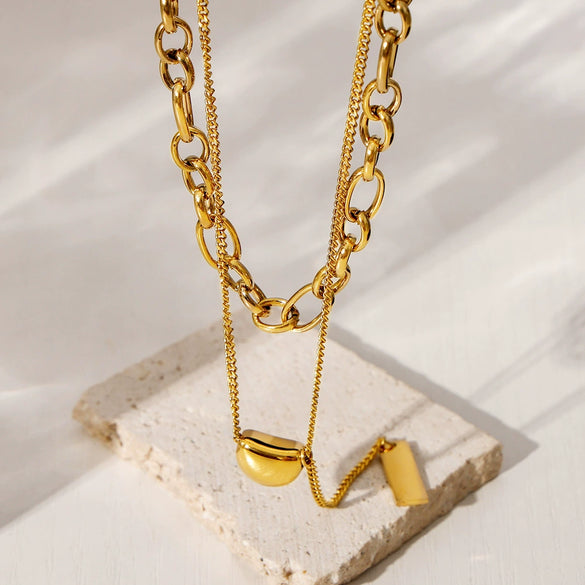 Wholesale Light Luxury Acacia Bean Pendant Double Layer Necklace For Women Stainless Steel Plated 18K Real Gold Geometric Pattern Electroplating Treatment