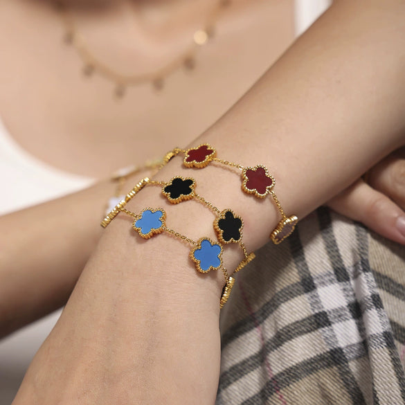 Wholesale Light Luxury Agate Five Leaf Flower Stainless Steel Bracelet With Geometric And Flower Pattern Electroplated