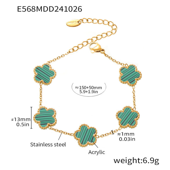 Wholesale Light Luxury Agate Five Leaf Flower Stainless Steel Bracelet With Geometric And Flower Pattern Electroplated