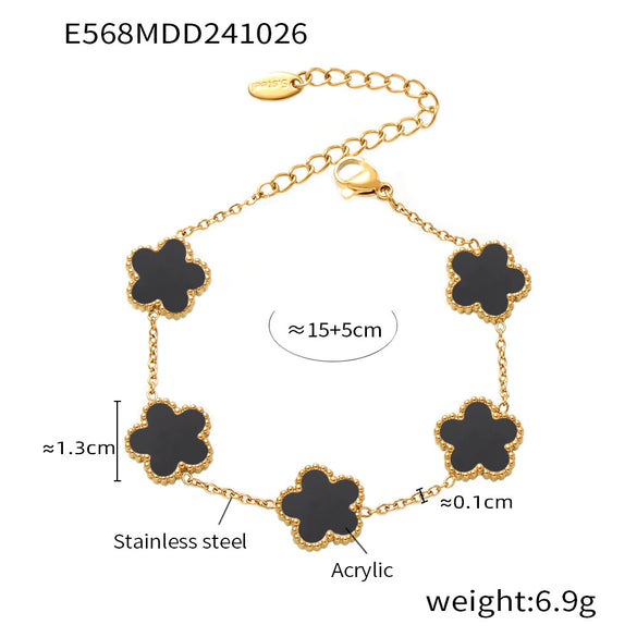 Wholesale Light Luxury Agate Five Leaf Flower Stainless Steel Bracelet With Geometric And Flower Pattern Electroplated