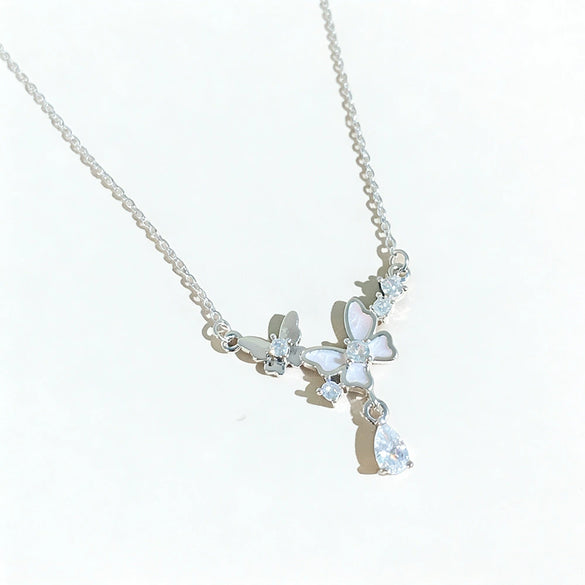 Wholesale Light Luxury Animal Zodiac Titanium Steel Oshaped Chain Necklace With Copper Zircon Inlaid Double Butterfly Tassel Water Drop Pendant For Women
