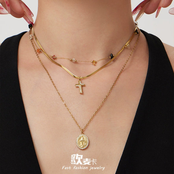 Wholesale Light Luxury Bohemian Geometric Stainless Steel Electroplated Cross Pendant Doublelayered Necklace For Women