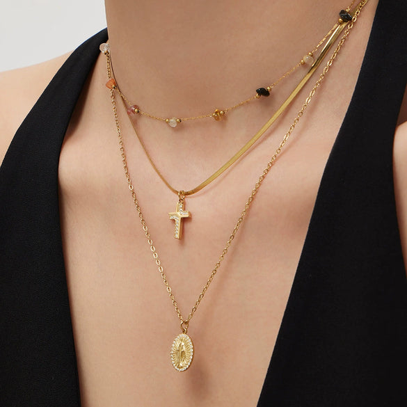 Wholesale Light Luxury Bohemian Geometric Stainless Steel Electroplated Cross Pendant Doublelayered Necklace For Women