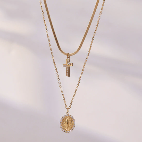 Wholesale Light Luxury Bohemian Geometric Stainless Steel Electroplated Cross Pendant Doublelayered Necklace For Women