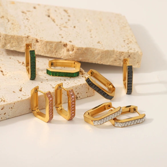 Wholesale Light Luxury Colored Zirconium Titanium Steel Geometric Rectangular Earrings With Electroplating