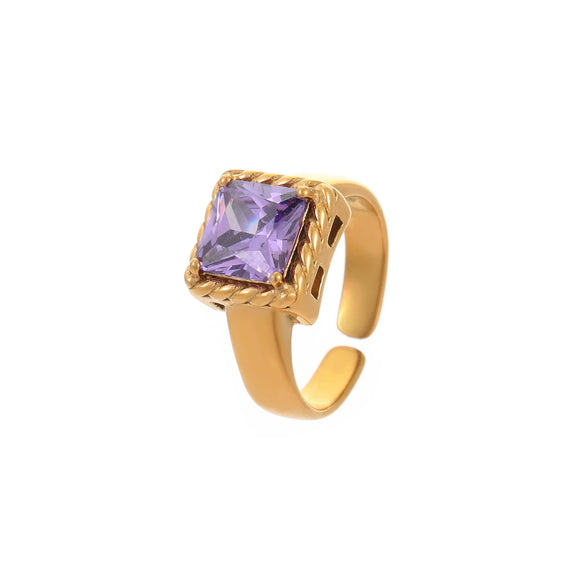 Wholesale Light Luxury Colorful Square Zircon Open Ring Stainless Steel 18K Gold Plated