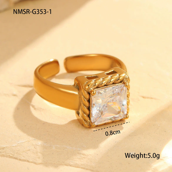 Wholesale Light Luxury Colorful Square Zircon Open Ring Stainless Steel 18K Gold Plated