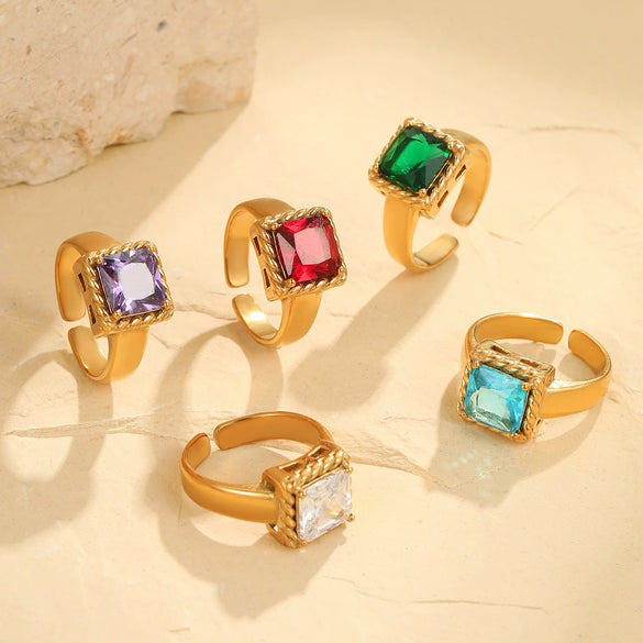 Wholesale Light Luxury Colorful Square Zircon Open Ring Stainless Steel 18K Gold Plated