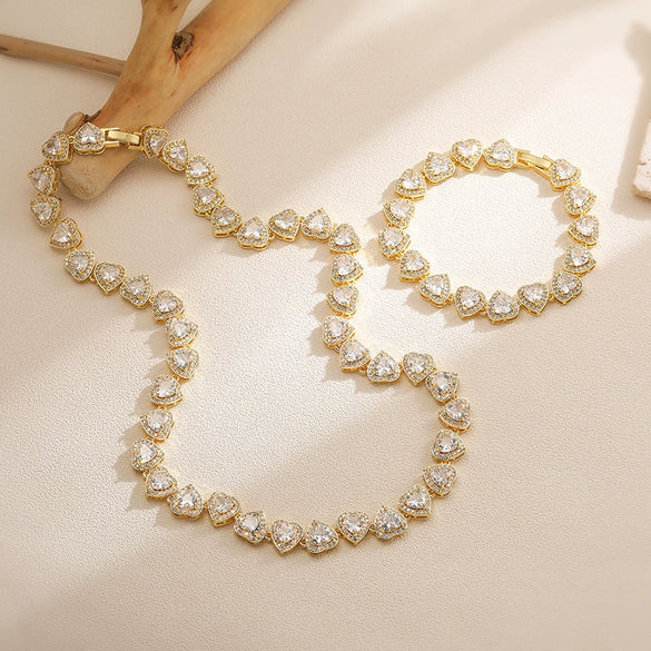 Wholesale Light Luxury Copper Inlaid Zirconium Heartshaped Love Jewelry Necklace Bracelet With Love Water Drops And Bells Pattern For Ladies