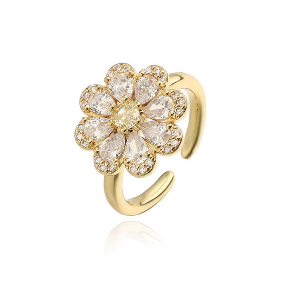 Wholesale Light Luxury Copper Zircon Flower Petal Ring For Women