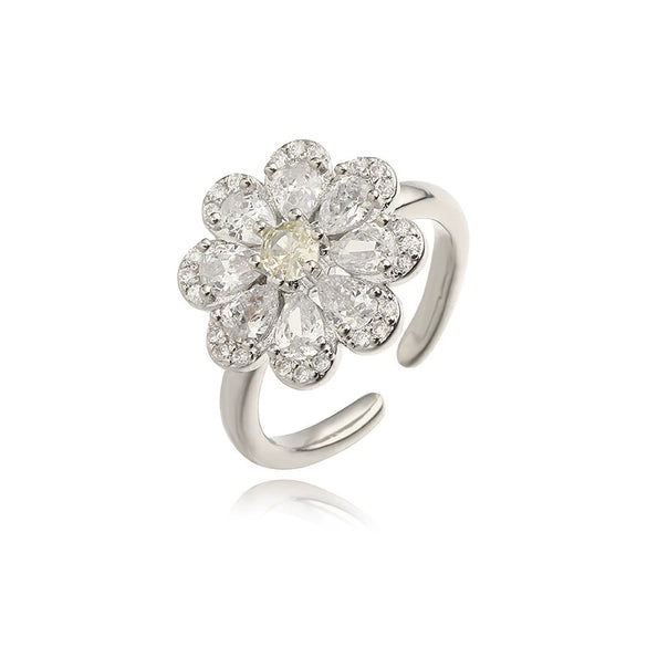 Wholesale Light Luxury Copper Zircon Flower Petal Ring For Women