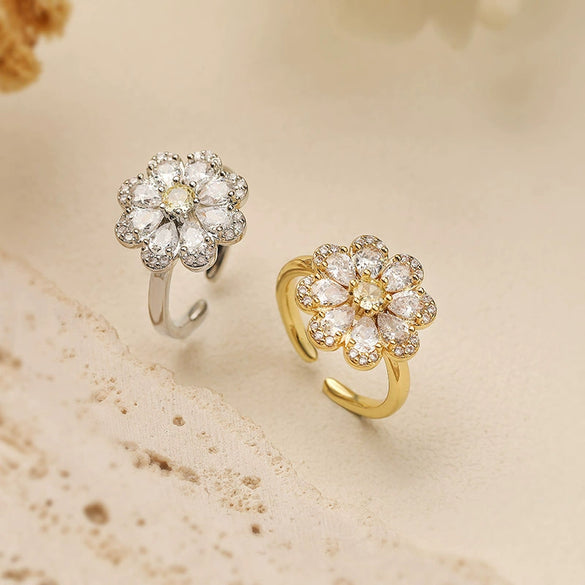 Wholesale Light Luxury Copper Zircon Flower Petal Ring For Women