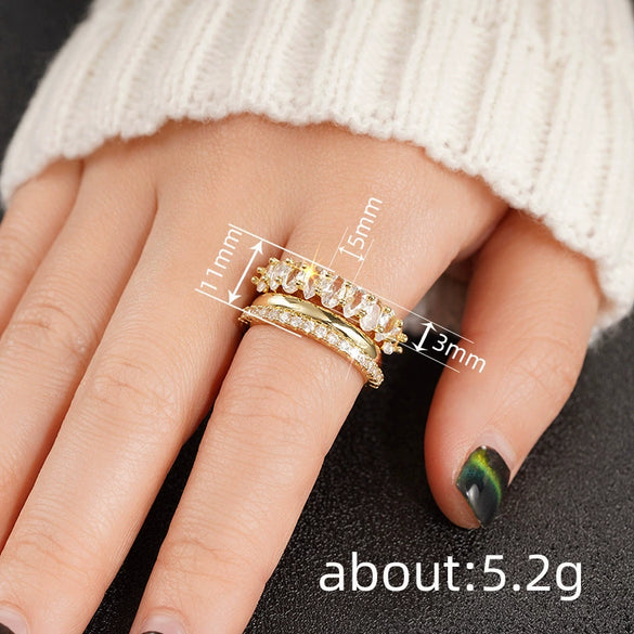 Wholesale Light Luxury Copper Zircon Geometric Design Women's Ring Threepiece Set