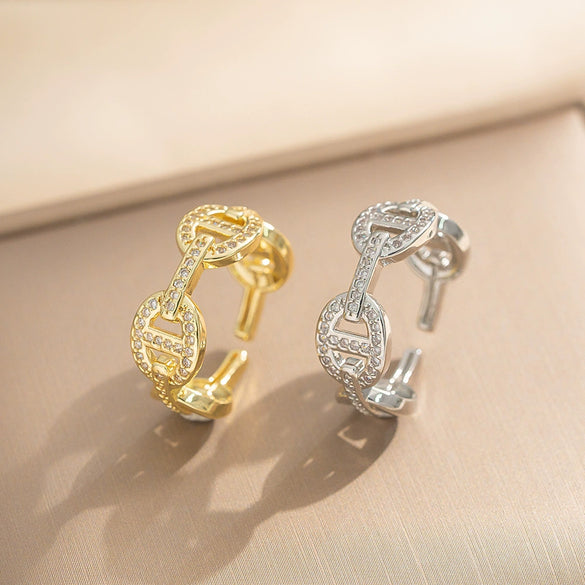 Wholesale Light Luxury Diamond Pig Nose Open Ring Gold Plated Copper Zircon For Women And Men