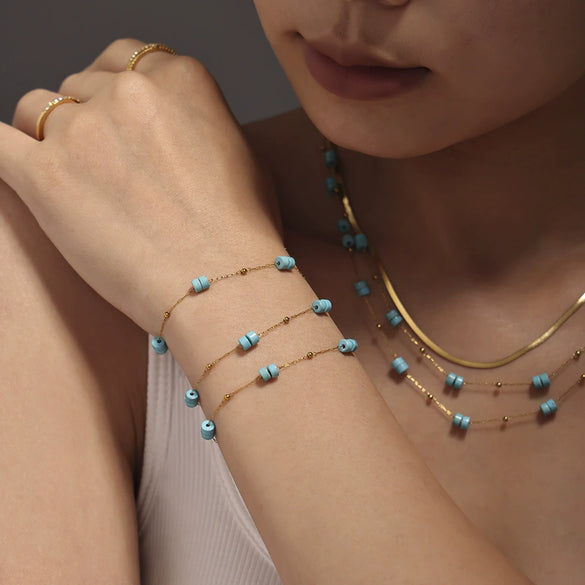 Wholesale Light Luxury Double Layer 316L Stainless Steel And Natural Stone Necklace And Bracelet For Women Handmade With Electroplated Chain
