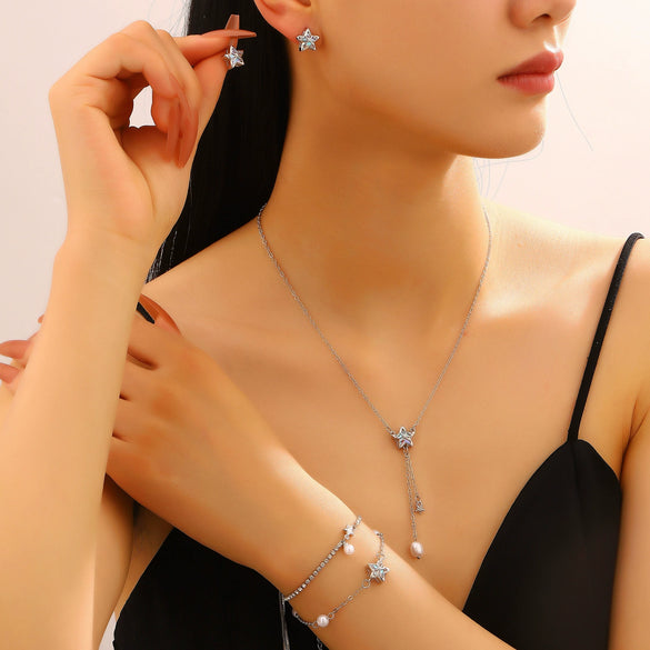 Wholesale Light Luxury Electroplated Copper Jewelry Set With Star Sun And Moon Clouds And Universe Patterns For Women Earrings Bracelet Tassel Pearl Necklace