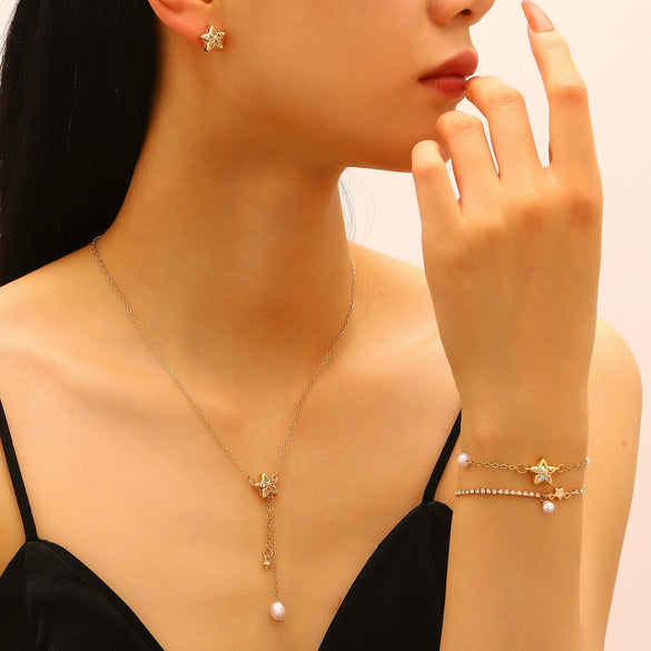 Wholesale Light Luxury Electroplated Copper Jewelry Set With Star Sun And Moon Clouds And Universe Patterns For Women Earrings Bracelet Tassel Pearl Necklace