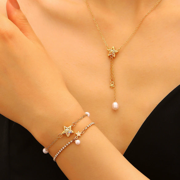 Wholesale Light Luxury Electroplated Copper Jewelry Set With Star Sun And Moon Clouds And Universe Patterns For Women Earrings Bracelet Tassel Pearl Necklace
