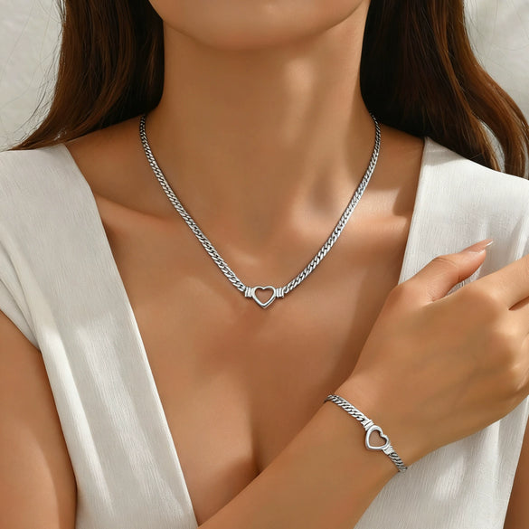 Wholesale Light Luxury Electroplated Stainless Steel And Titanium Steel Heart Drop Bell Shaped Whip Chain Necklace And Bracelet Set For Women