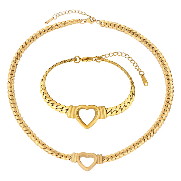 Wholesale Light Luxury Electroplated Stainless Steel And Titanium Steel Heart Drop Bell Shaped Whip Chain Necklace And Bracelet Set For Women