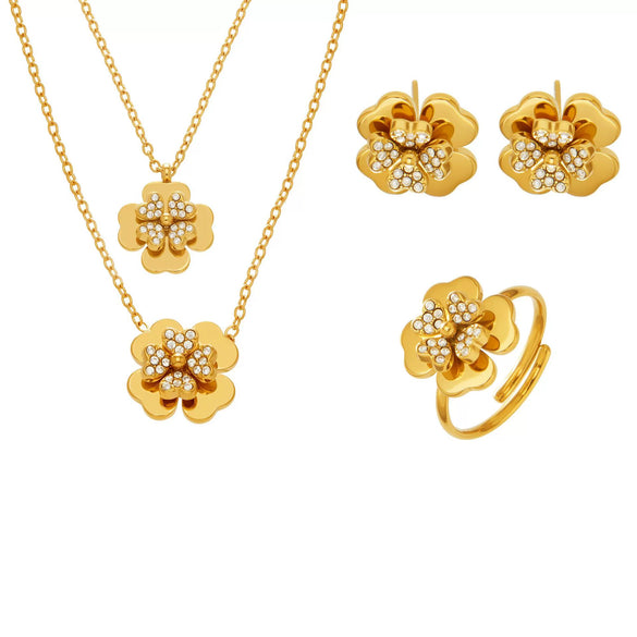 Wholesale Light Luxury Electroplated Stainless Steel Four Leaf Flower Inlaid Zircon Women's Jewelry Set With Necklace And Bracelet