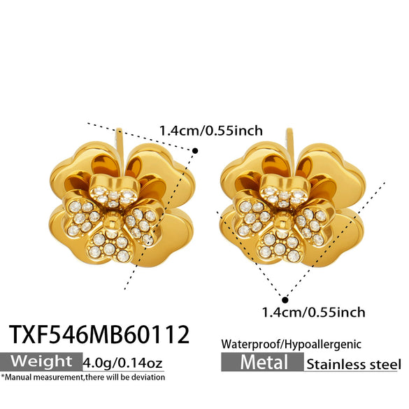 Wholesale Light Luxury Electroplated Stainless Steel Four Leaf Flower Inlaid Zircon Women's Jewelry Set With Necklace And Bracelet
