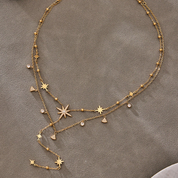 Wholesale Light Luxury Electroplated Stainless Steel Sixpointed Star Yshaped Stackable Necklace And Bracelet Set For Women