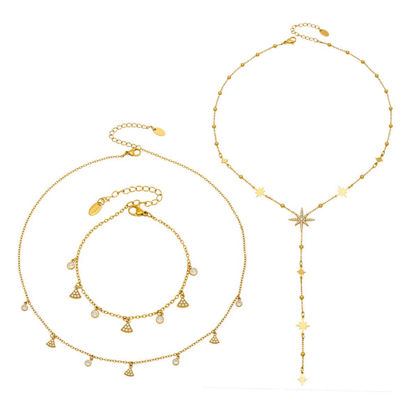 Wholesale Light Luxury Electroplated Stainless Steel Sixpointed Star Yshaped Stackable Necklace And Bracelet Set For Women