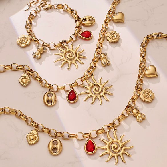 Wholesale Light Luxury Electroplated Stainless Steel Spiral Sun Bear Zircon Multipendant Necklace And Bracelet Set For Women